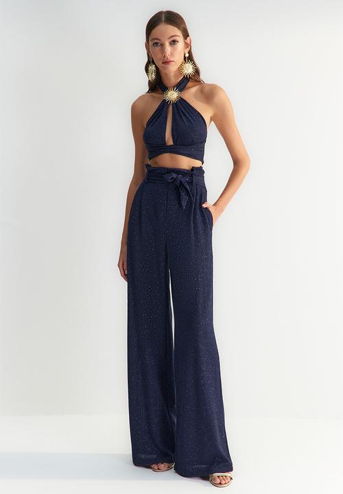 Trendyol - X zeynep tosun belted glittery knitted pants - navy blue 