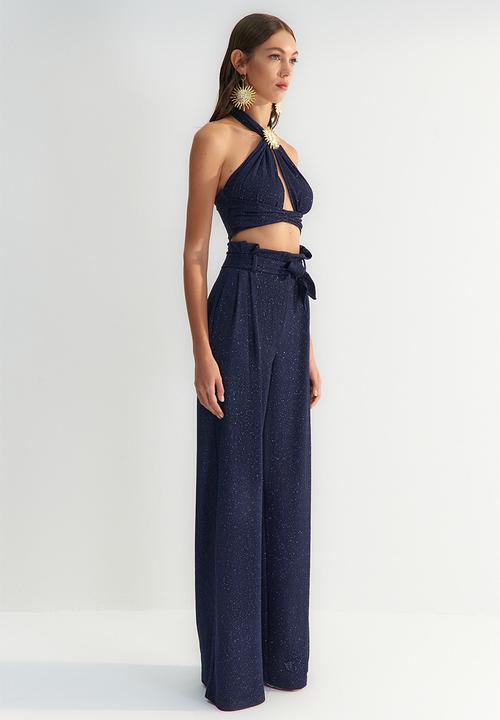 Trendyol - X zeynep tosun belted glittery knitted pants - navy blue 