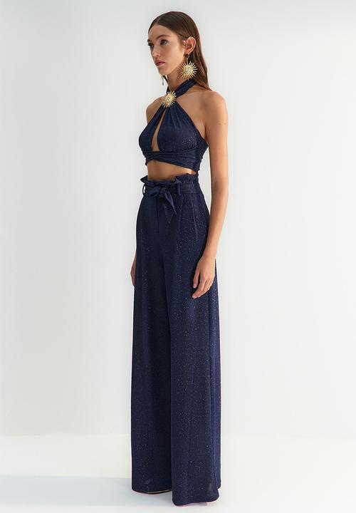 Trendyol - X zeynep tosun belted glittery knitted pants - navy blue 