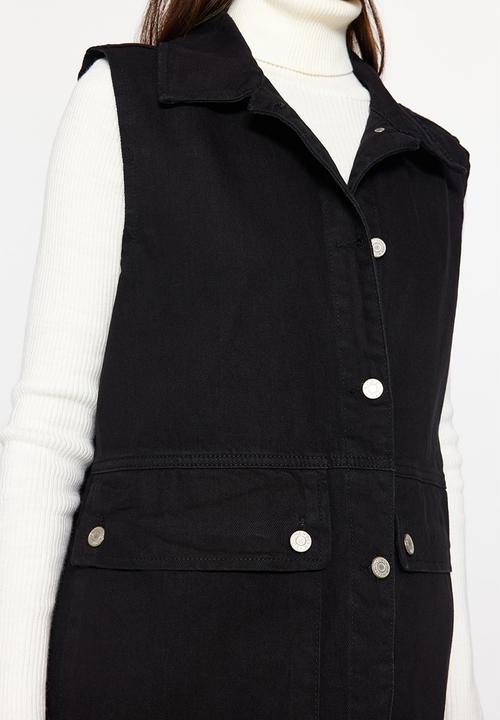 Trendyol - Shirt collar pocket detailed denim vest jacket - black