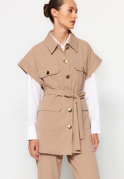 Trendyol - Buttoned vest-pants knitted top and bottom set - mink gold