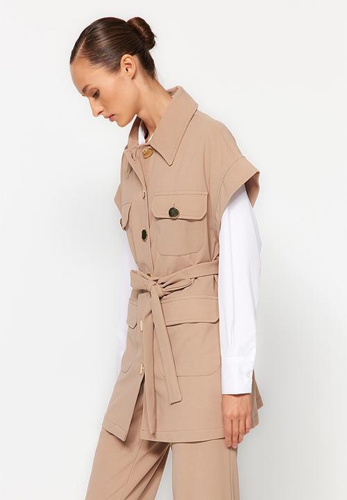 Trendyol - Buttoned vest-pants knitted top and bottom set - mink gold