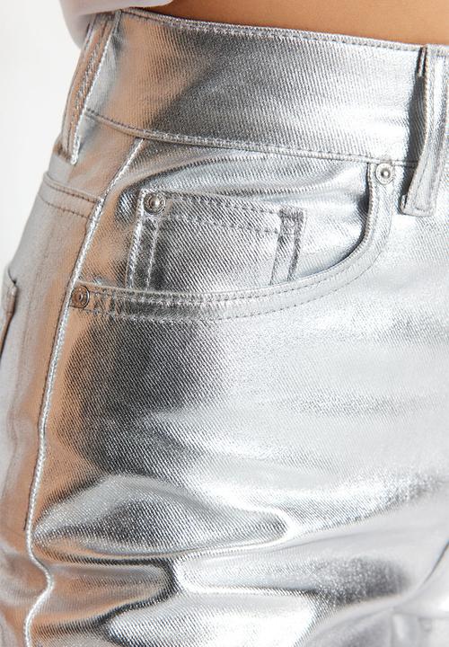 Trendyol - Shiny metallic print high waist straight jeans - silver 