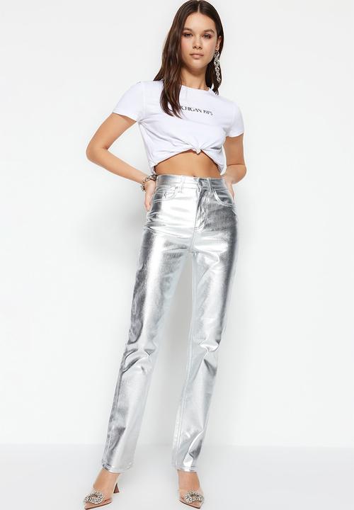 Trendyol - Shiny metallic print high waist straight jeans - silver 