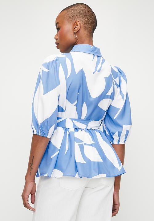 Stella Morgan - Monotone Printed Belted Satin Blouse - Blue