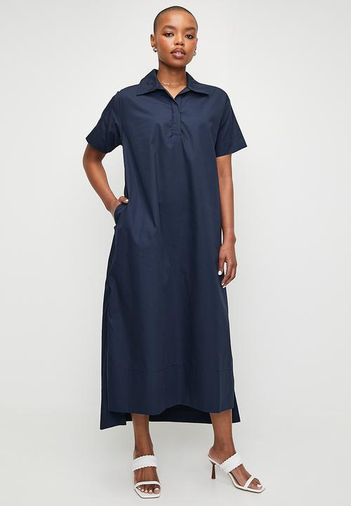 edit - A-Line Shirt Dress with Stepped hem - Ink