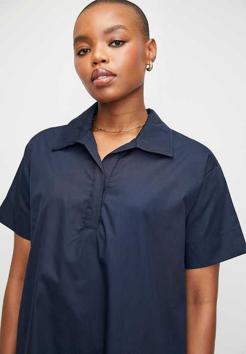 edit - A-Line Shirt Dress with Stepped hem - Ink