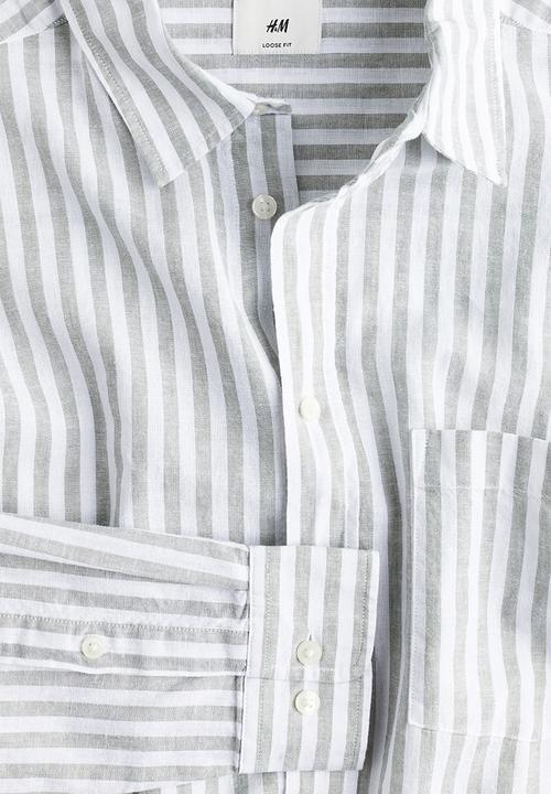 H&M - Relaxed fit linen-blend shirt - khaki green striped