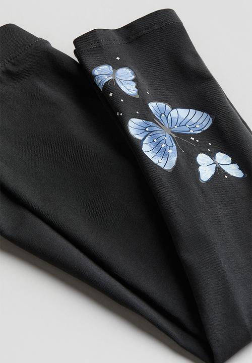 H&M - Printed jersey leggings - dark grey butterflies