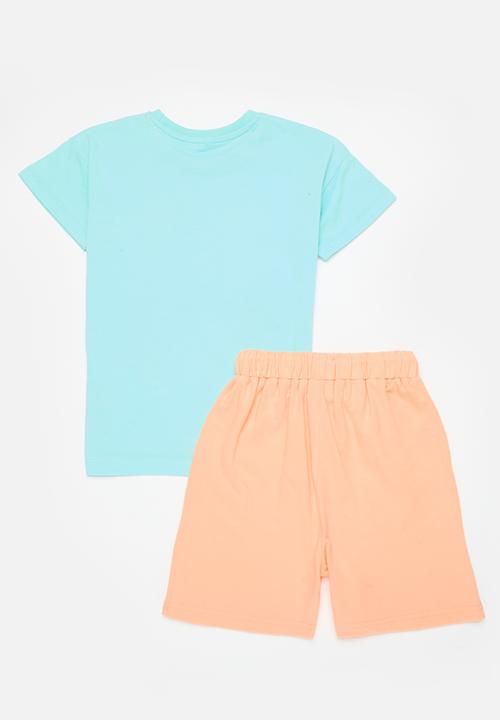 Pop Candy - Printed crew neck tee & short set - blue & orange