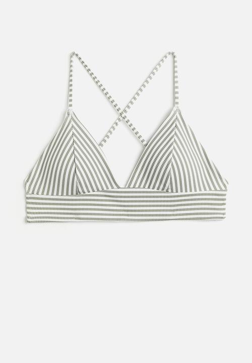 H&M - Padded bikini top - white & khaki green striped