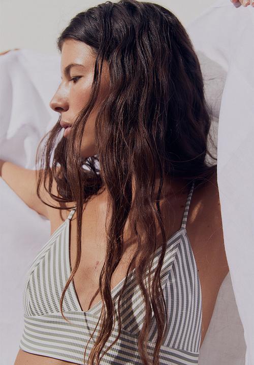 H&M - Padded bikini top - white & khaki green striped