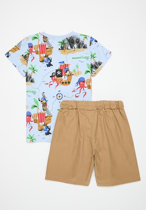 Pop Candy - Printed crew neck & short set - blue & brown