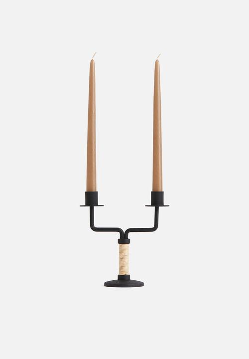 H&M - Metal and rattan candelabra - black/beige