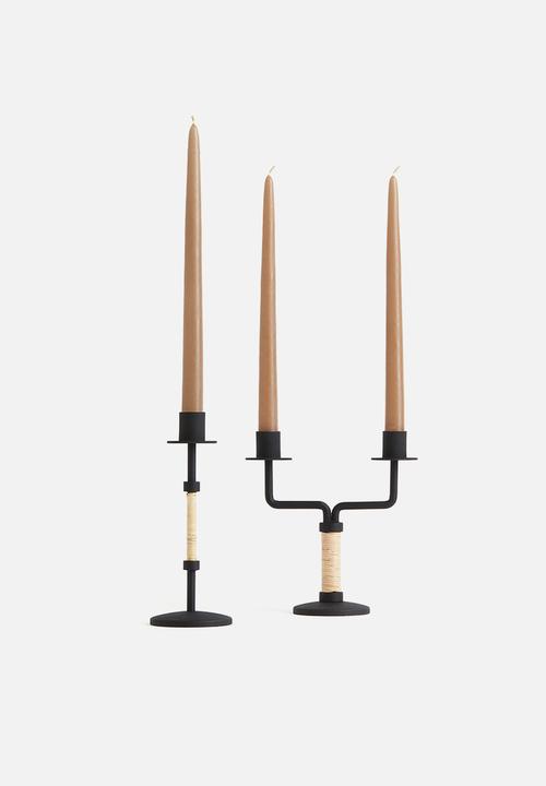 H&M - Metal and rattan candelabra - black/beige