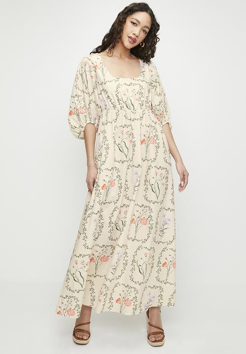 MILLA - Printed poplin empire maxi dress - delicate botanical double border