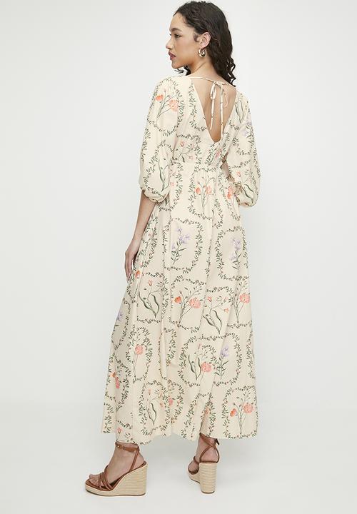 MILLA - Printed poplin empire maxi dress - delicate botanical double border