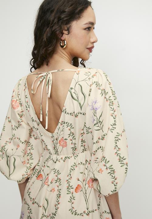 MILLA - Printed poplin empire maxi dress - delicate botanical double border