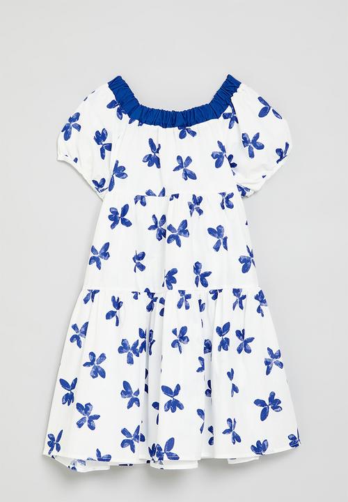 Pop Candy - Floral puff sleeve dress - blue & white