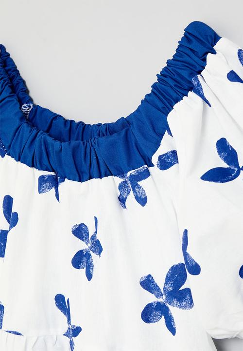 Pop Candy - Floral puff sleeve dress - blue & white