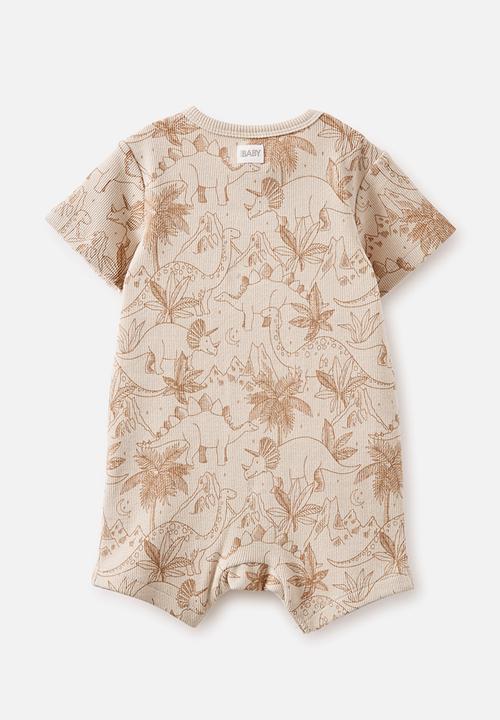 Cotton On - The short sleeve zip romper - taupy brown/dino night