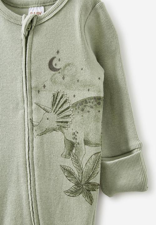 Cotton On - The billie long sleeve rib romper - deep sage/line dino