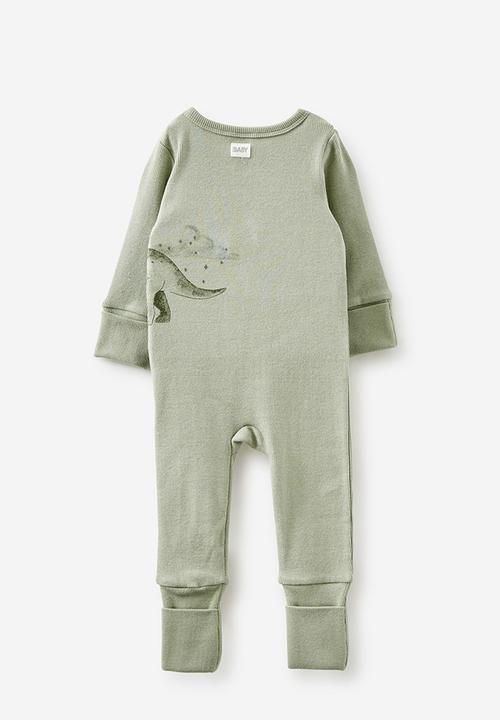 Cotton On - The billie long sleeve rib romper - deep sage/line dino