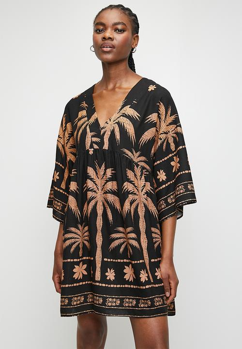 Superbalist - Linen look babydoll mini dress - stylised palms dbl border