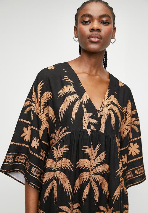 Superbalist - Linen look babydoll mini dress - stylised palms dbl border