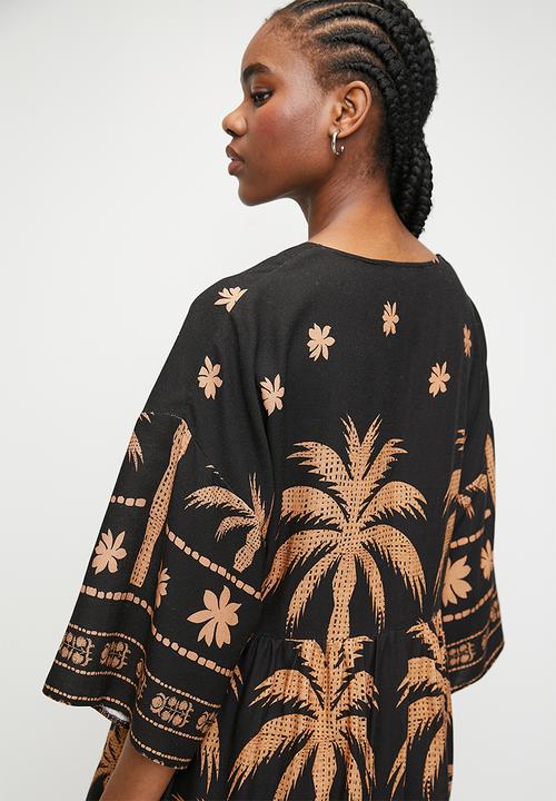 Superbalist - Linen look babydoll mini dress - stylised palms dbl border