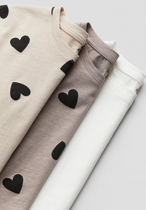H&M - 3 pack cotton tops - light beige hearts