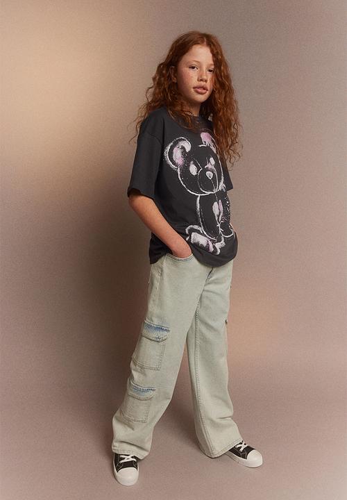 H&M - Oversized printed t-shirt - dark grey & teddy bear