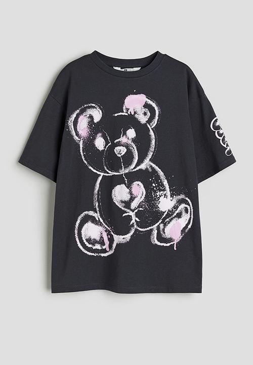 H&M - Oversized printed t-shirt - dark grey & teddy bear