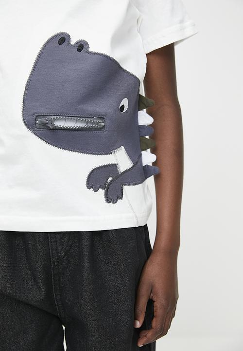 Pop Candy - Dino print crew neck tee - white & grey