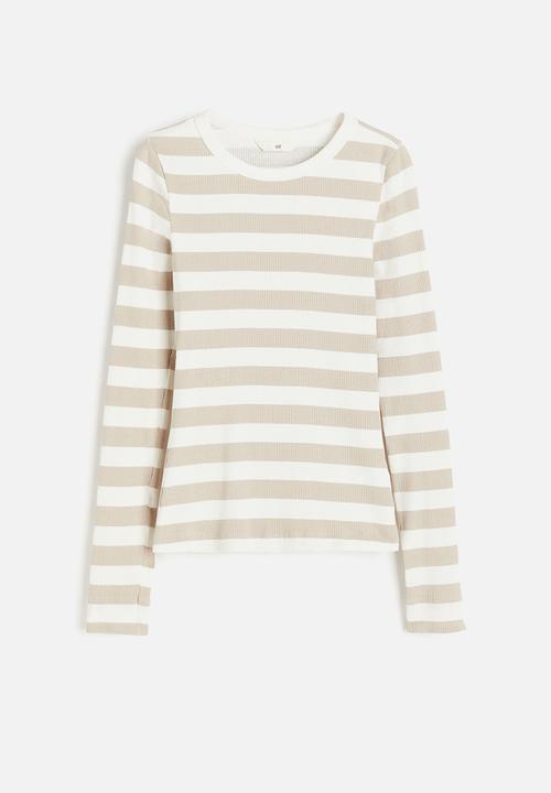 H&M - Ribbed jersey top - white & light beige striped