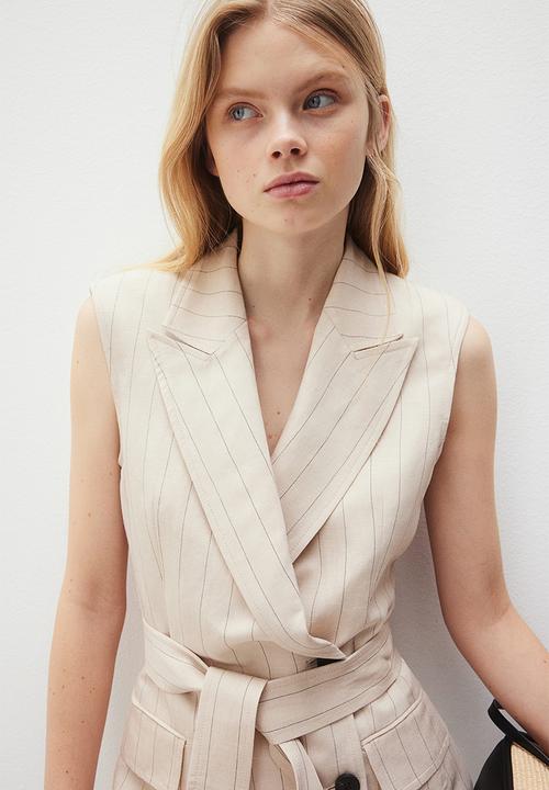 H&M - Linen-blend blazer dress - light beige pinstriped 