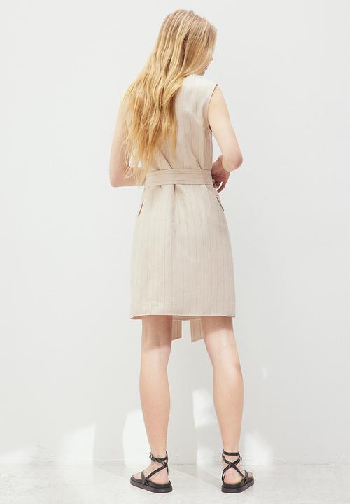 H&M - Linen-blend blazer dress - light beige pinstriped 