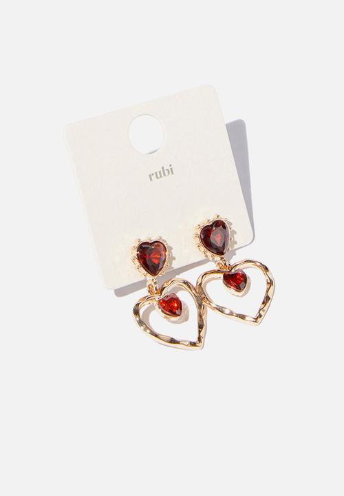 Rubi - Small charm earring - up gold garnet diamante heart