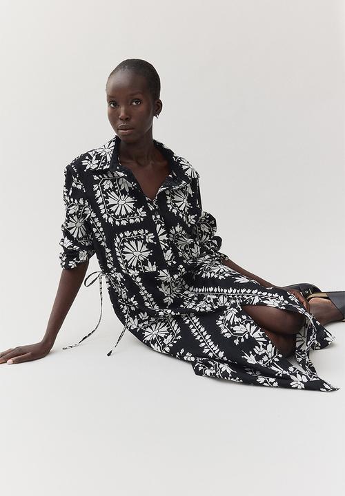 H&M - Linen-blend shirt dress - black patterned