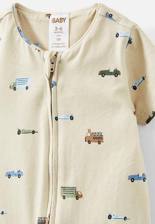 Cotton On - The short sleeve zip romper - rainy day/gridlock cars