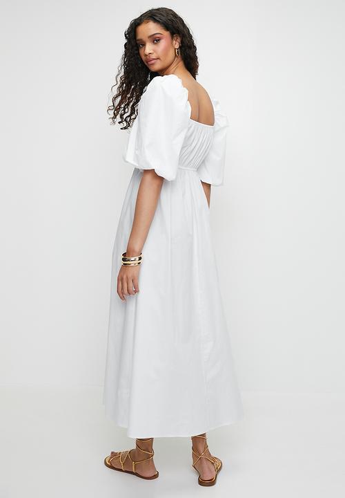 MILLA - Shirring empire midi dress with bubble sleeve - white