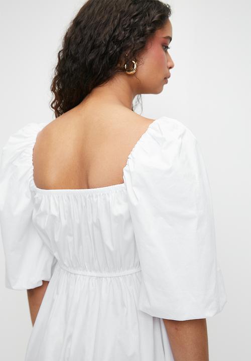 MILLA - Shirring empire midi dress with bubble sleeve - white