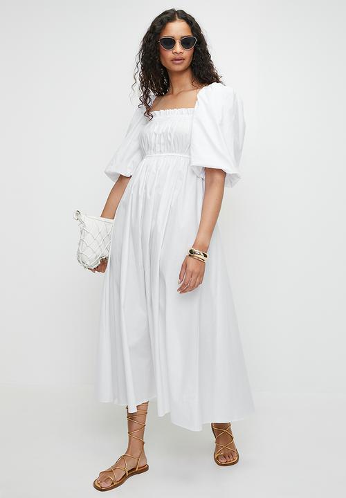 MILLA - Shirring empire midi dress with bubble sleeve - white