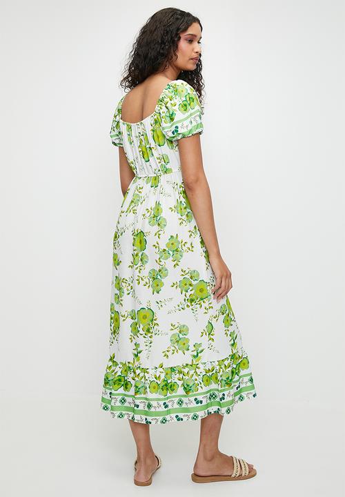 MILLA - printed linen look empire midi dress - green floral print