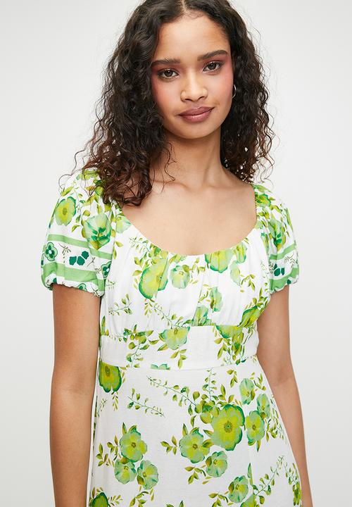 MILLA - printed linen look empire midi dress - green floral print