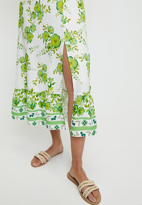 MILLA - printed linen look empire midi dress - green floral print