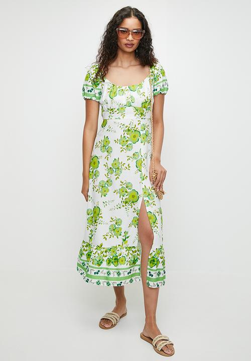 MILLA - printed linen look empire midi dress - green floral print