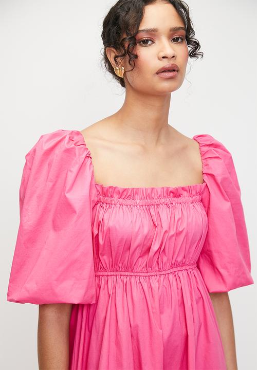 MILLA - Shirring empire midi dress with bubble sleeve - pink