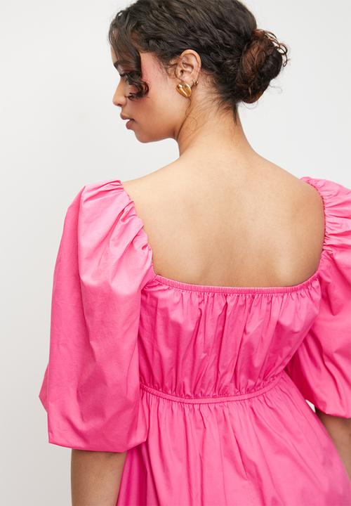 MILLA - Shirring empire midi dress with bubble sleeve - pink