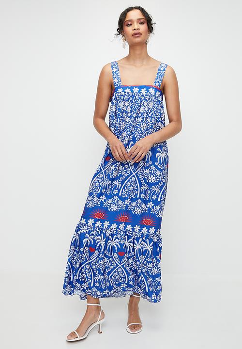 MILLA - Tie detail midi dress - red & blue monstera dbl border